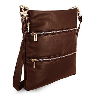 Tmavě hnědá kožená zipová kabelka s popruhem 212-3066-47