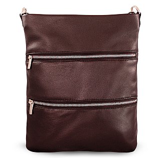 Tmavě hnědá kožená zipová kabelka s popruhem 212-3066-47